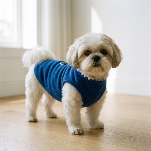 Small dog wearing a blue no-pull fleece vest getting prepared to go in the canadian winter