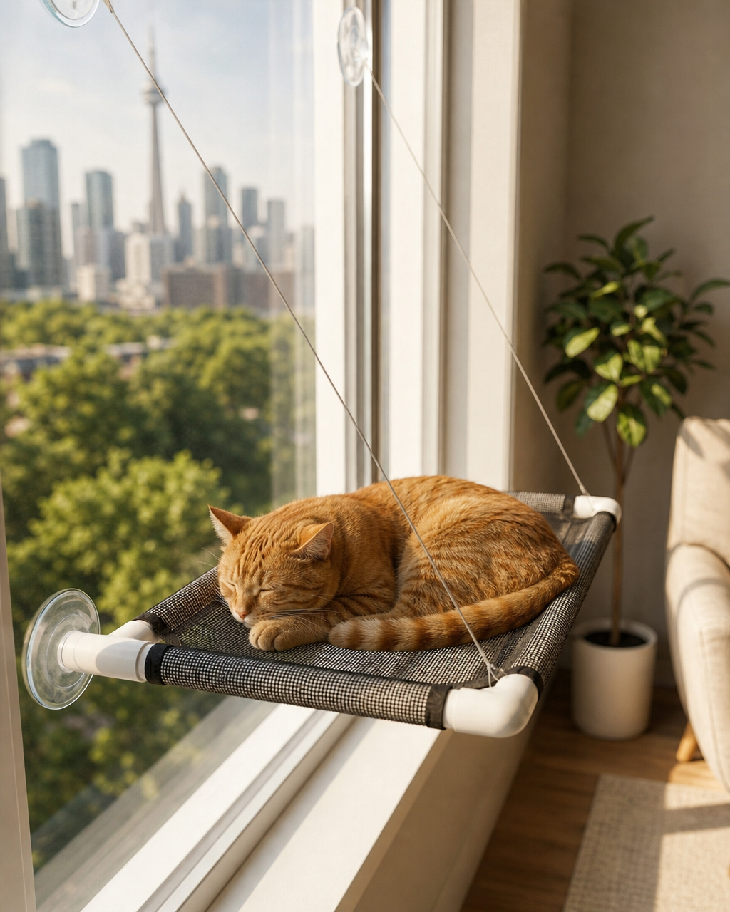 Cat sunbathing on a suction-cup window hammock perch by a sunny window