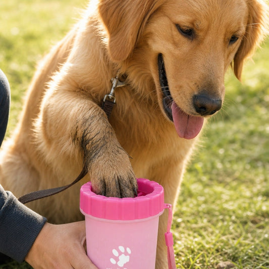 Golden retriever having muddy paw cleaned with the Kimi's Paws Paw Cleaner Cup