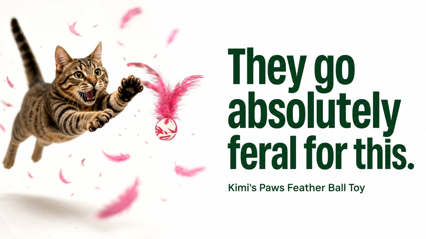 Kimi's Paws Feather Ball Toy — cat jumping to catch the pink feather ball