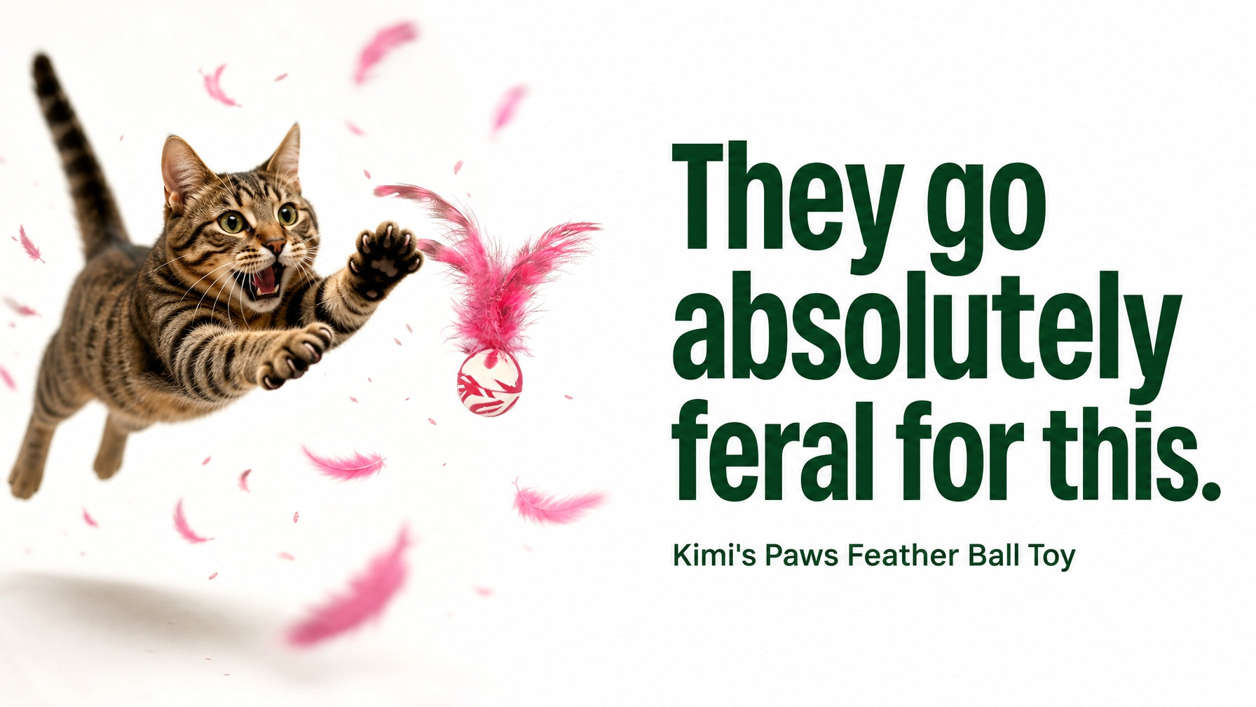 Kimi's Paws Feather Ball Toy — cat jumping to catch the pink feather ball