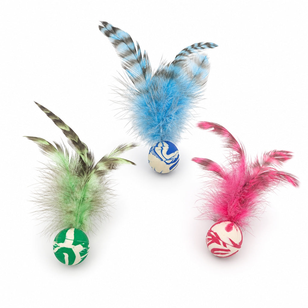 Kimi's Paws Feather Ball Toy — all 3 colour variants on white background