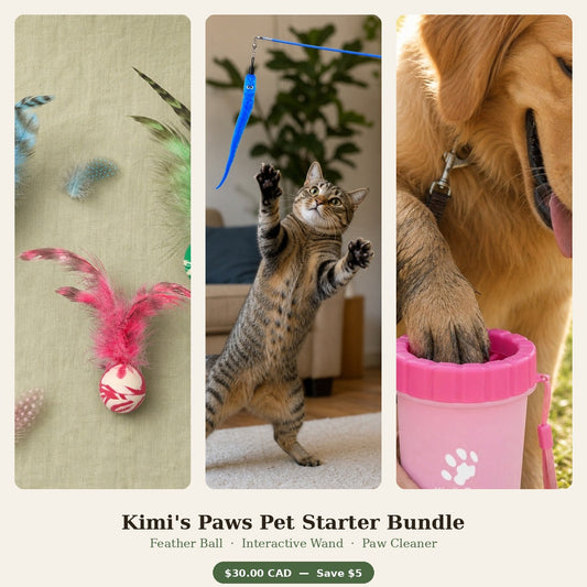 Kimi's Paws Pet Starter Bundle — Feather Ball Toy, Interactive Wand Toy, and Paw Cleaner Cup