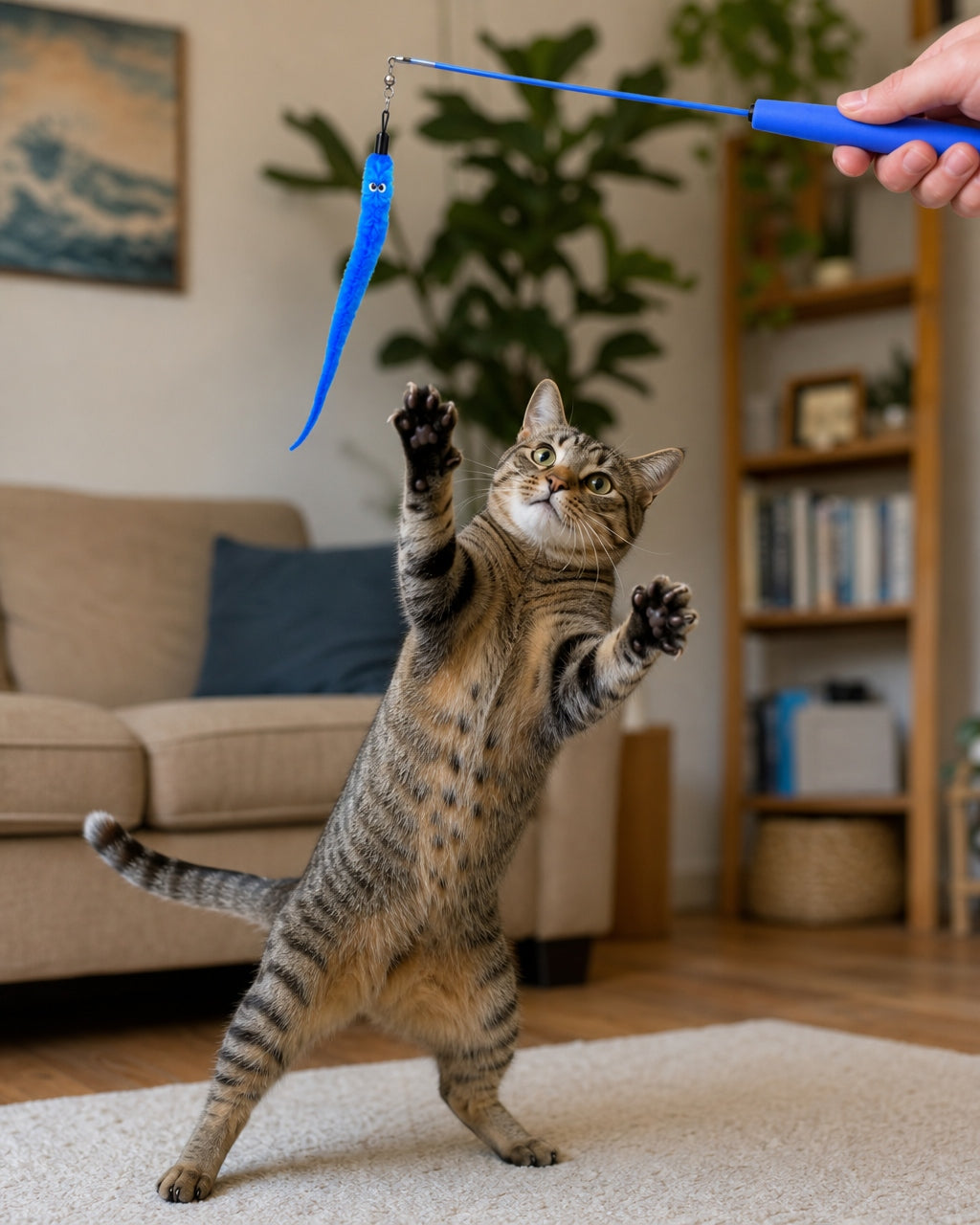 Kimi's Paws Interactive Wand Toy — action shot with cat jumping